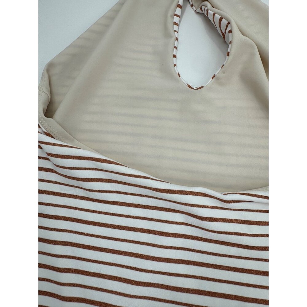 Tasya Striped Halter Mini Dress With Tortoise Ring Detail & Keyhole Neckline L - Picture 9 of 10